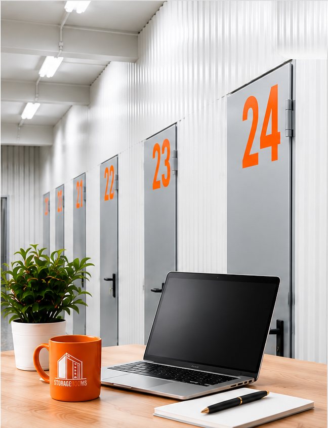 Αποθηκευτικοί χώροι StorageRooms με γραφείο, laptop και κούπα StorageRooms